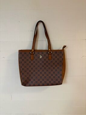 London Fog Brown Monogram Tote Bag Zip Top Shoulder Purse